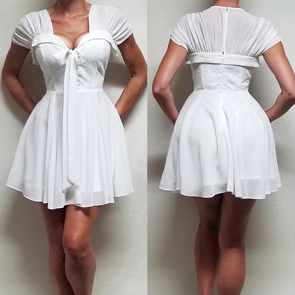 Vestique White Chiffon Sweetheart Neckline Sheer Cowl Sleeve Lace-up Mini Dress